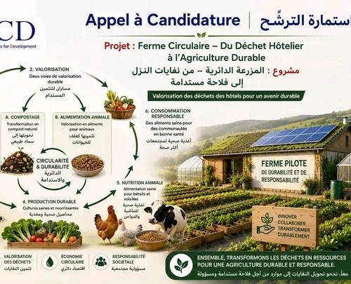 Appel à Candidature / استمارة الترشح   Projet : Ferme Circulaire – Du Déchet Hôtelier à l’Agriculture Durable مشروع : المزرعة الدائرية – من نفايات النزل إلى فلاحة مستدامة